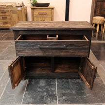 Unterschrank aus Teakholz mit einer Schublade und zwei Türen, für Badezimmer, Badgestaltung, RINCA, naturbelassenes Holz