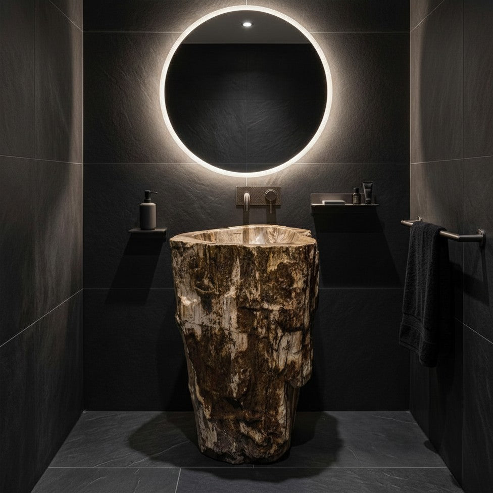 Standwaschbecken aus versteinertem Holz | handgefertigtes Unikat | 49 × 44 × 90 cm | Zakynthos Z3